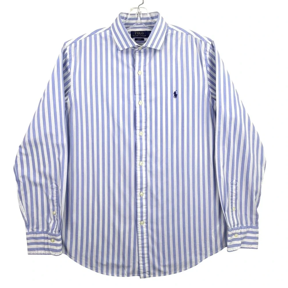 Polo Ralph Lauren Striped Button Up Shirt Men Large Blue White Cotton Slim Fit